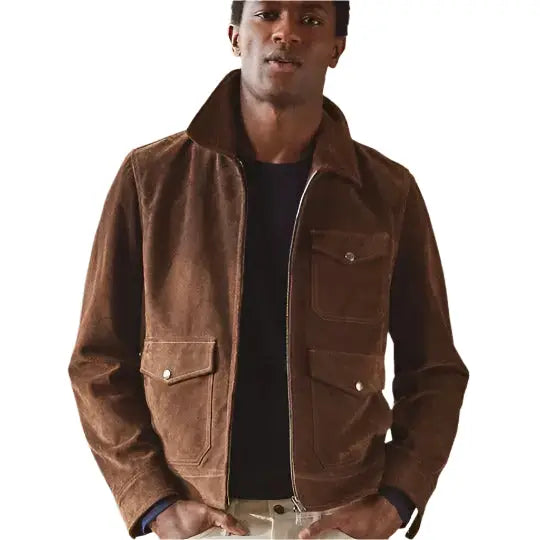 Mens Tan Brown Suede Bomber Jacket-2