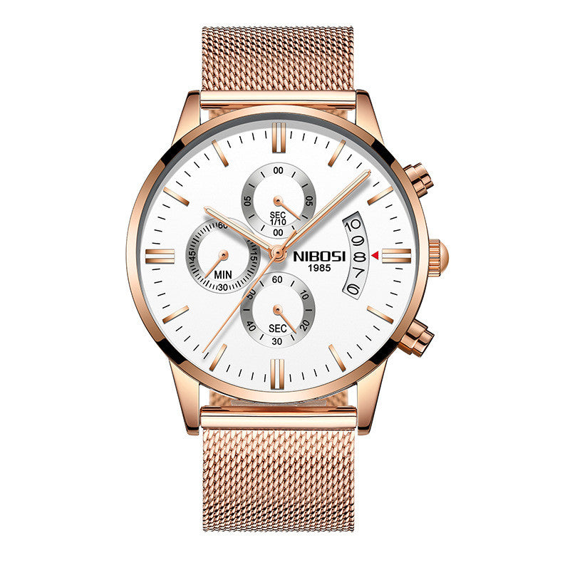 mens luxury Rose gold watch with a white face on a white background