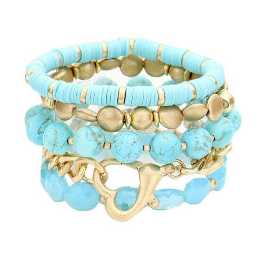 Metal Heart Heishi Natural Stone Stretch Bracelets