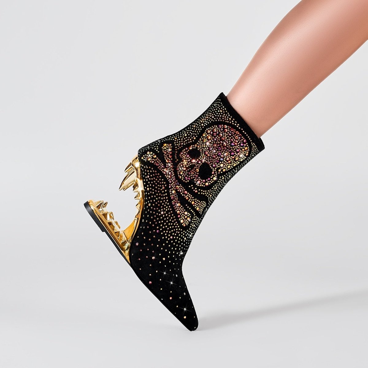 Metallic Skull and Bones Bite Heel Black Ankle Boots-2