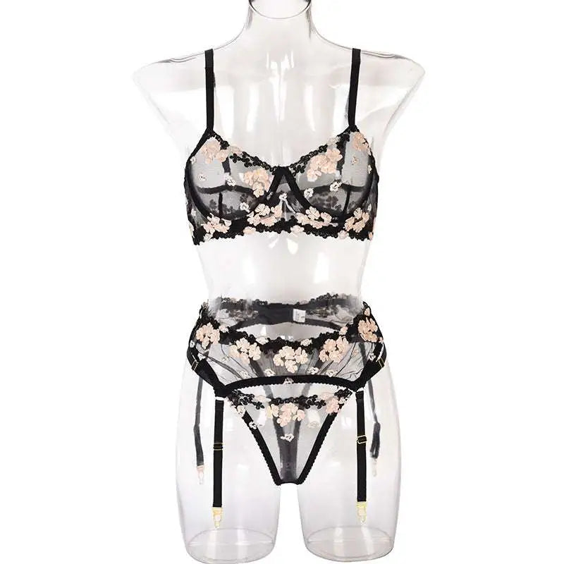 Mini Flowers Steel Ring Embroidery Lingerie Set