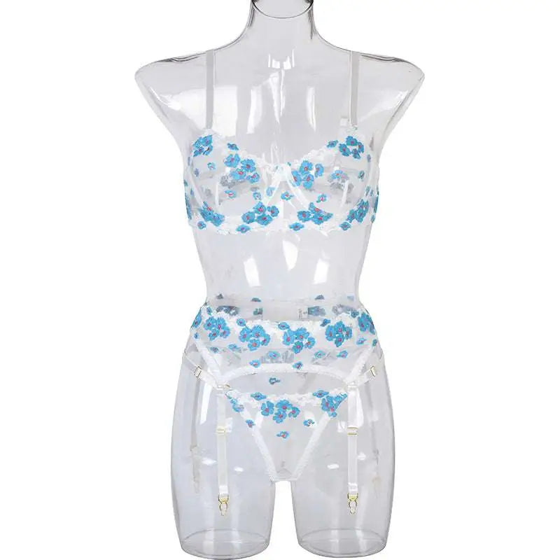 Mini Flowers Steel Ring Embroidery Lingerie Set