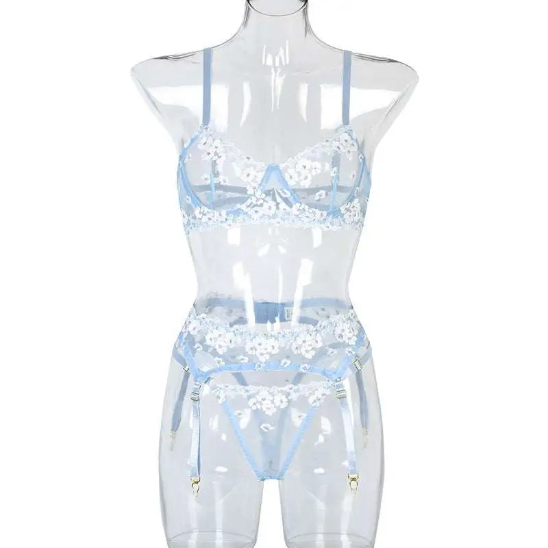 Mini Flowers Steel Ring Embroidery Lingerie Set