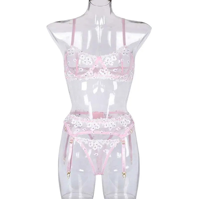 Mini Flowers Steel Ring Embroidery Lingerie Set
