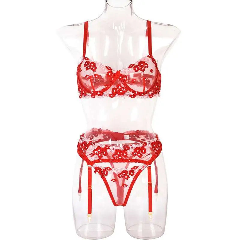 Mini Flowers Steel Ring Embroidery Lingerie Set