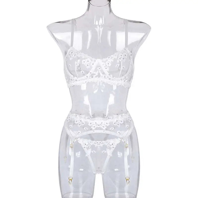 Mini Flowers Steel Ring Embroidery Lingerie Set