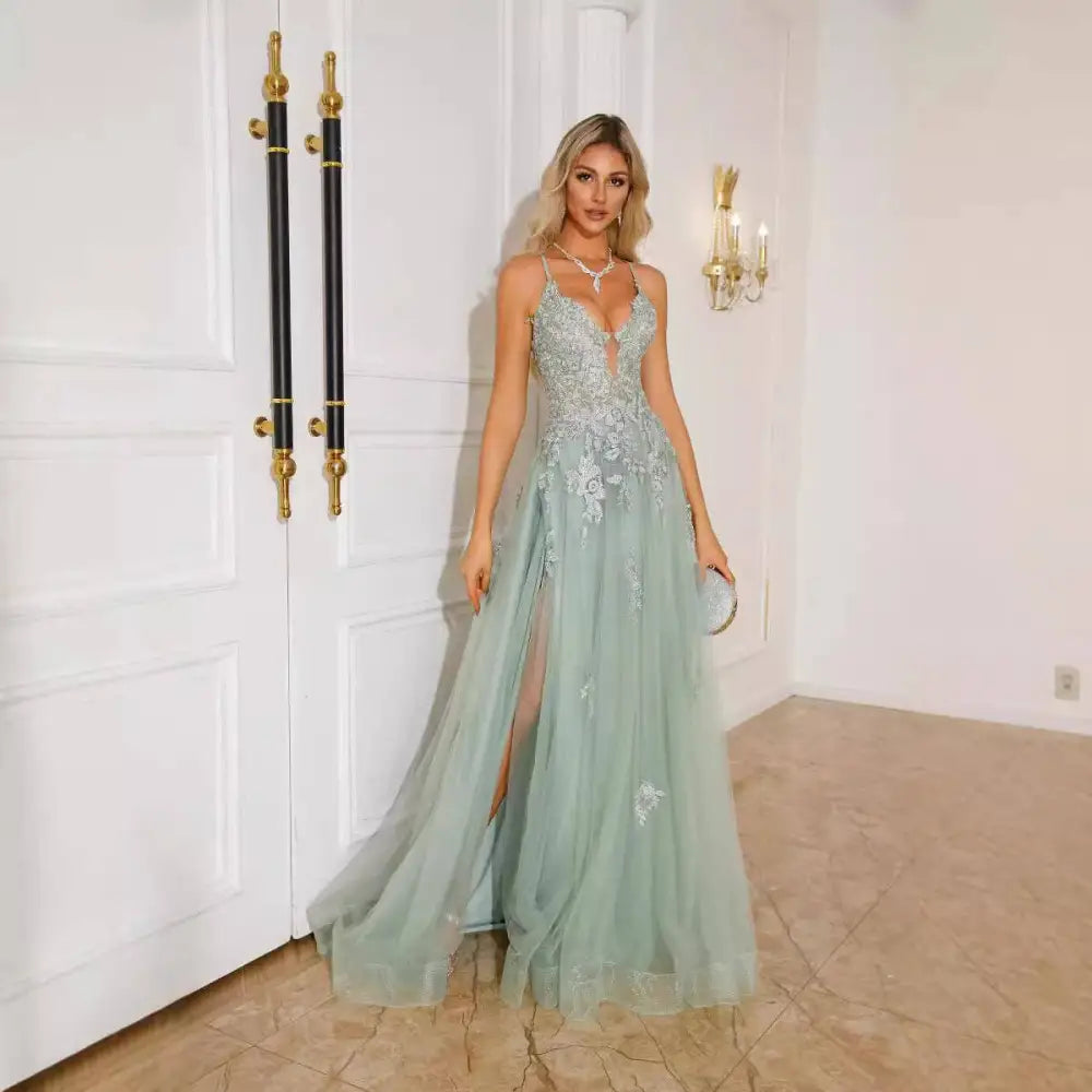 Mint Green Lace Women Evening Dresses with Slit