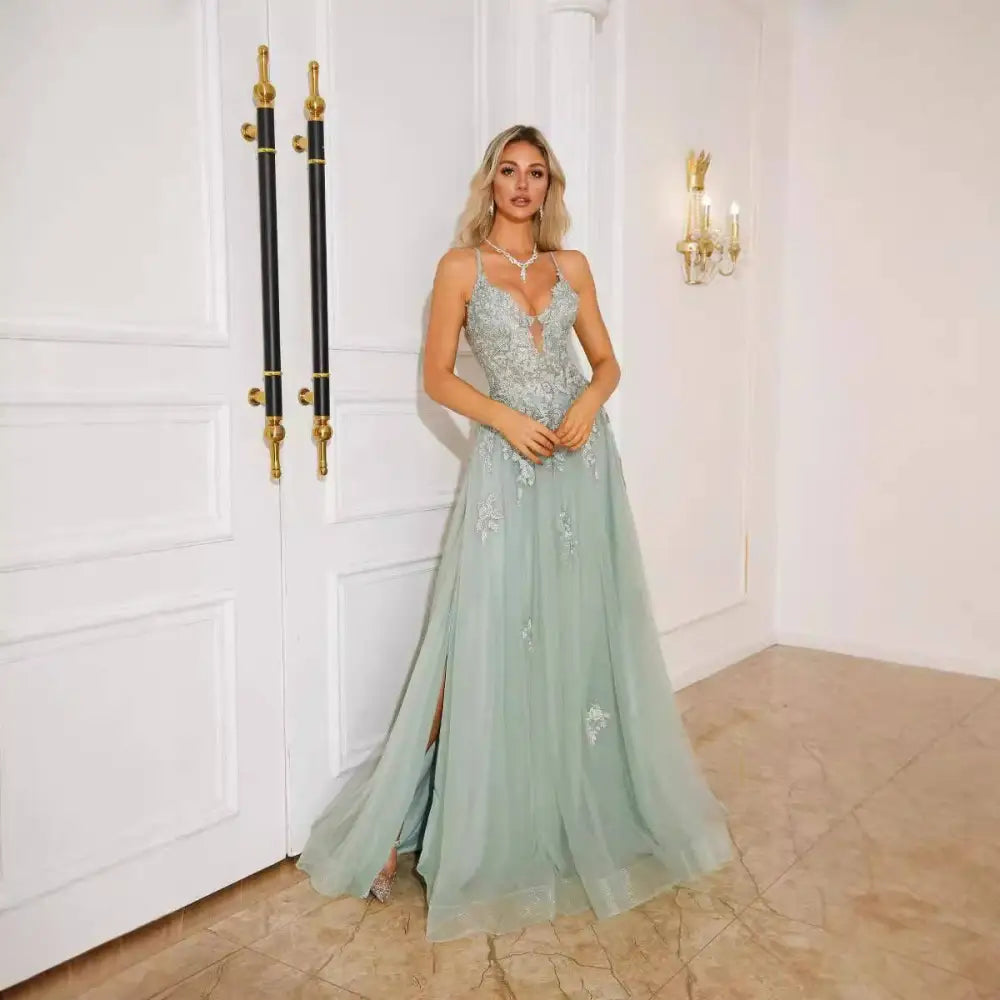 Mint Green Lace Women Evening Dresses with Slit