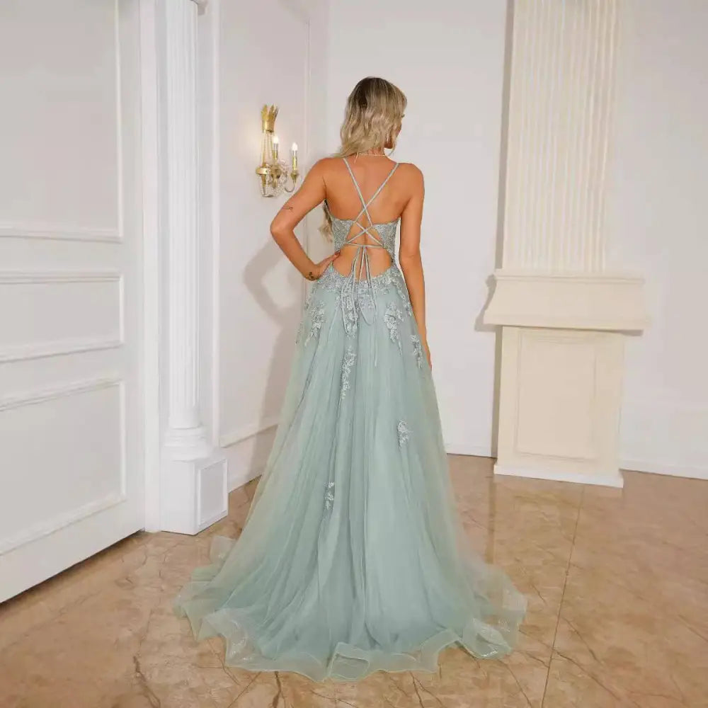 Mint Green Lace Women Evening Dresses with Slit