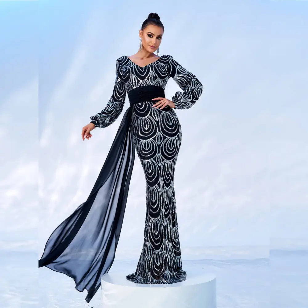 Mint Green Long Sleeve Sexy Sequined Evening Dress