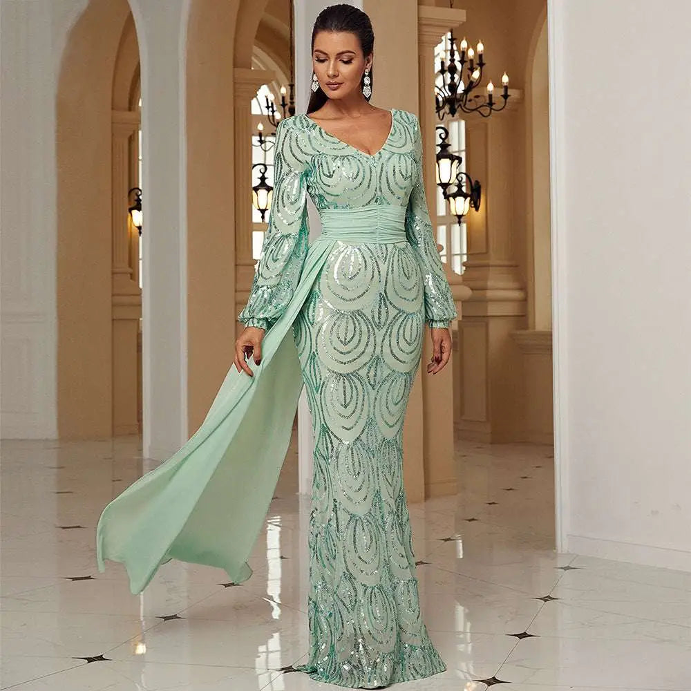 Mint Green Long Sleeve Sexy Sequined Evening Dress