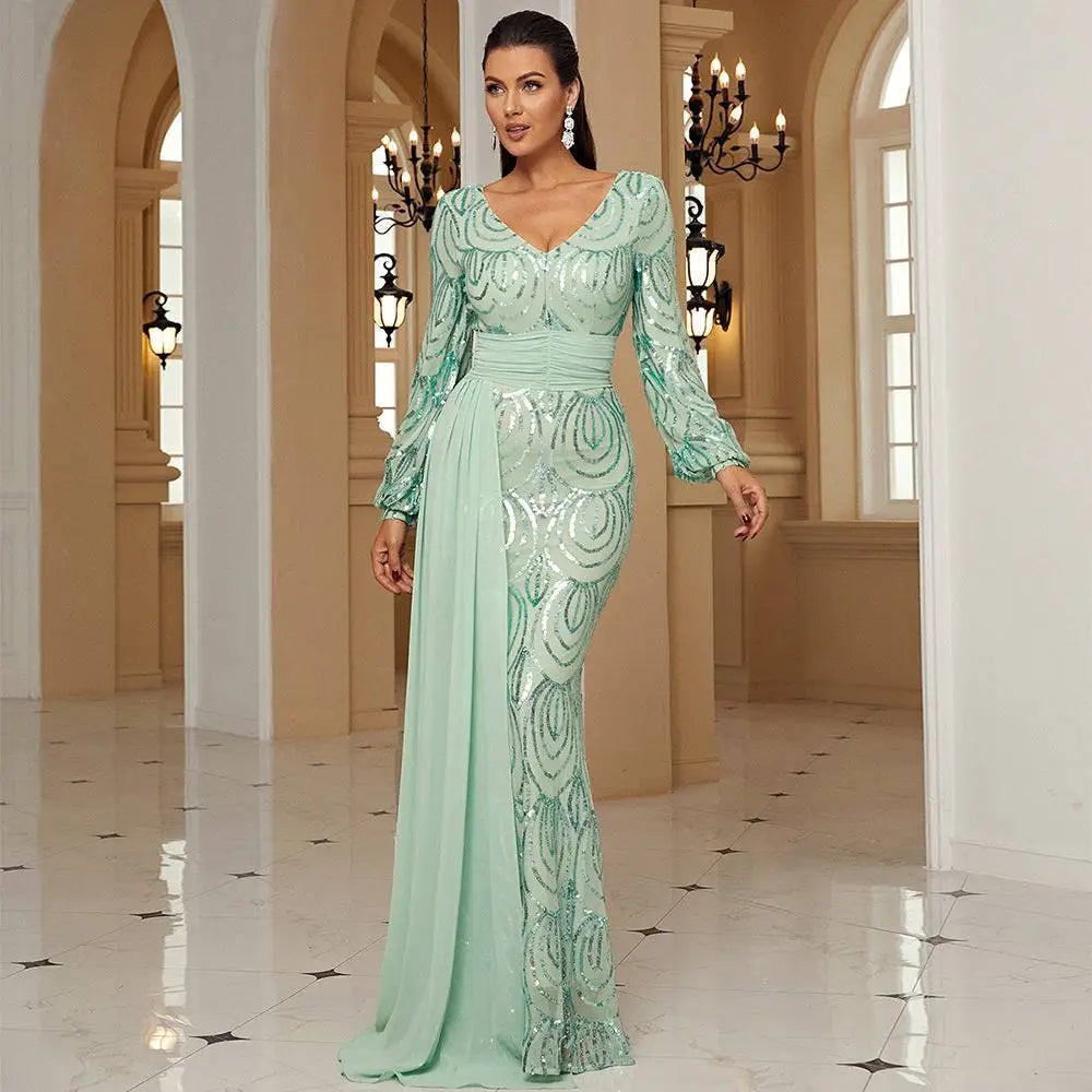 Mint Green Long Sleeve Sexy Sequined Evening Dress