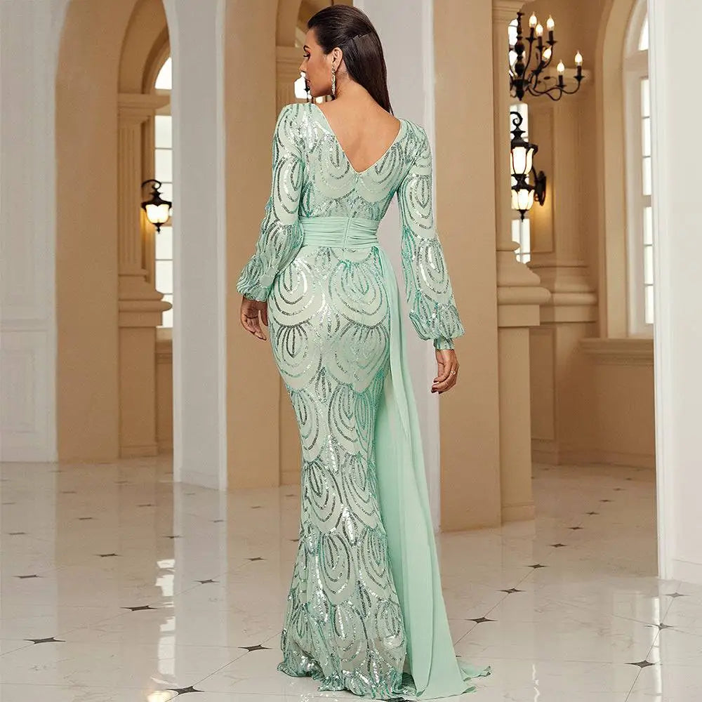Mint Green Long Sleeve Sexy Sequined Evening Dress