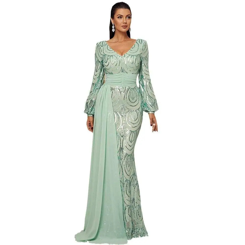 Mint Green Long Sleeve Sexy Sequined Evening Dress