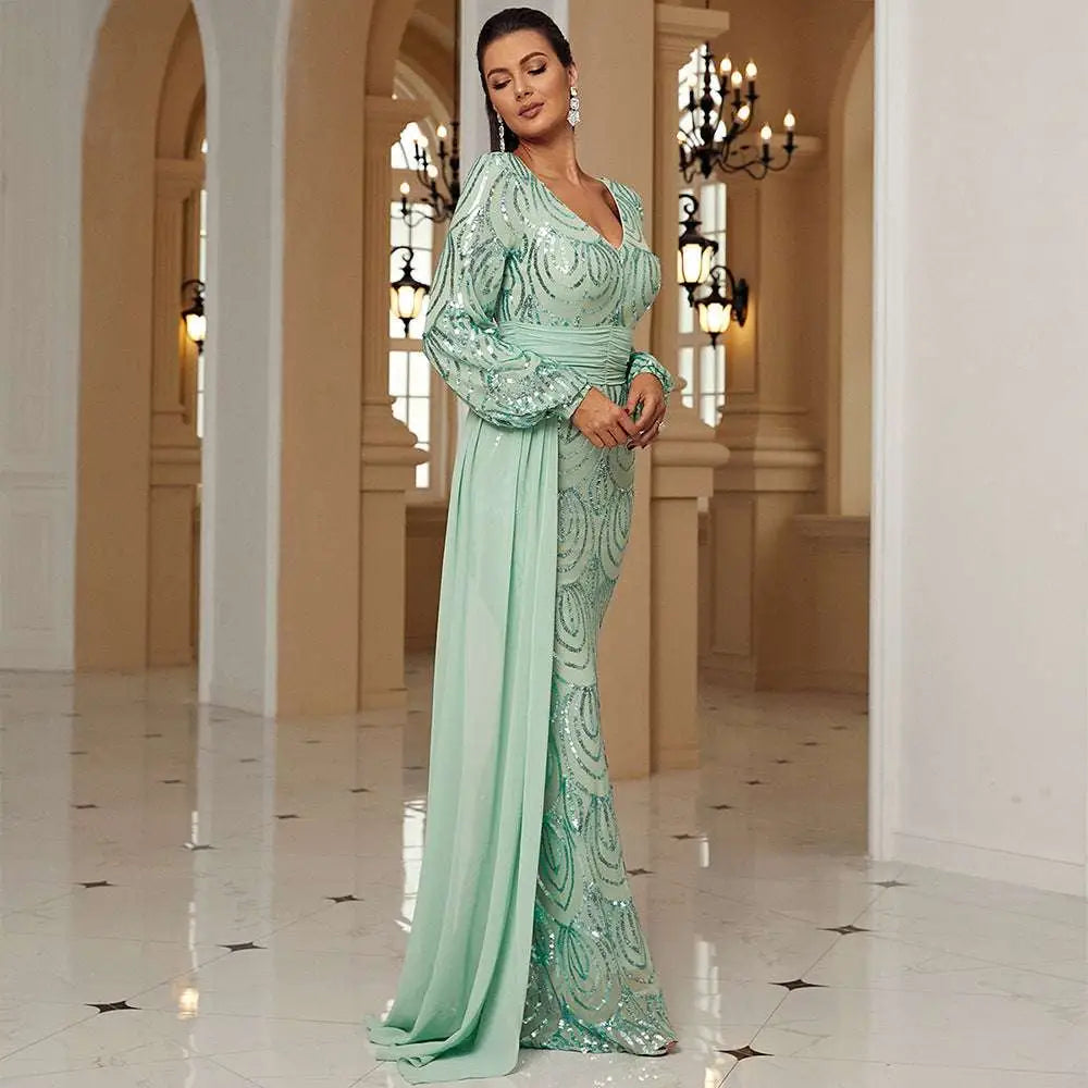 Mint Green Long Sleeve Sexy Sequined Evening Dress