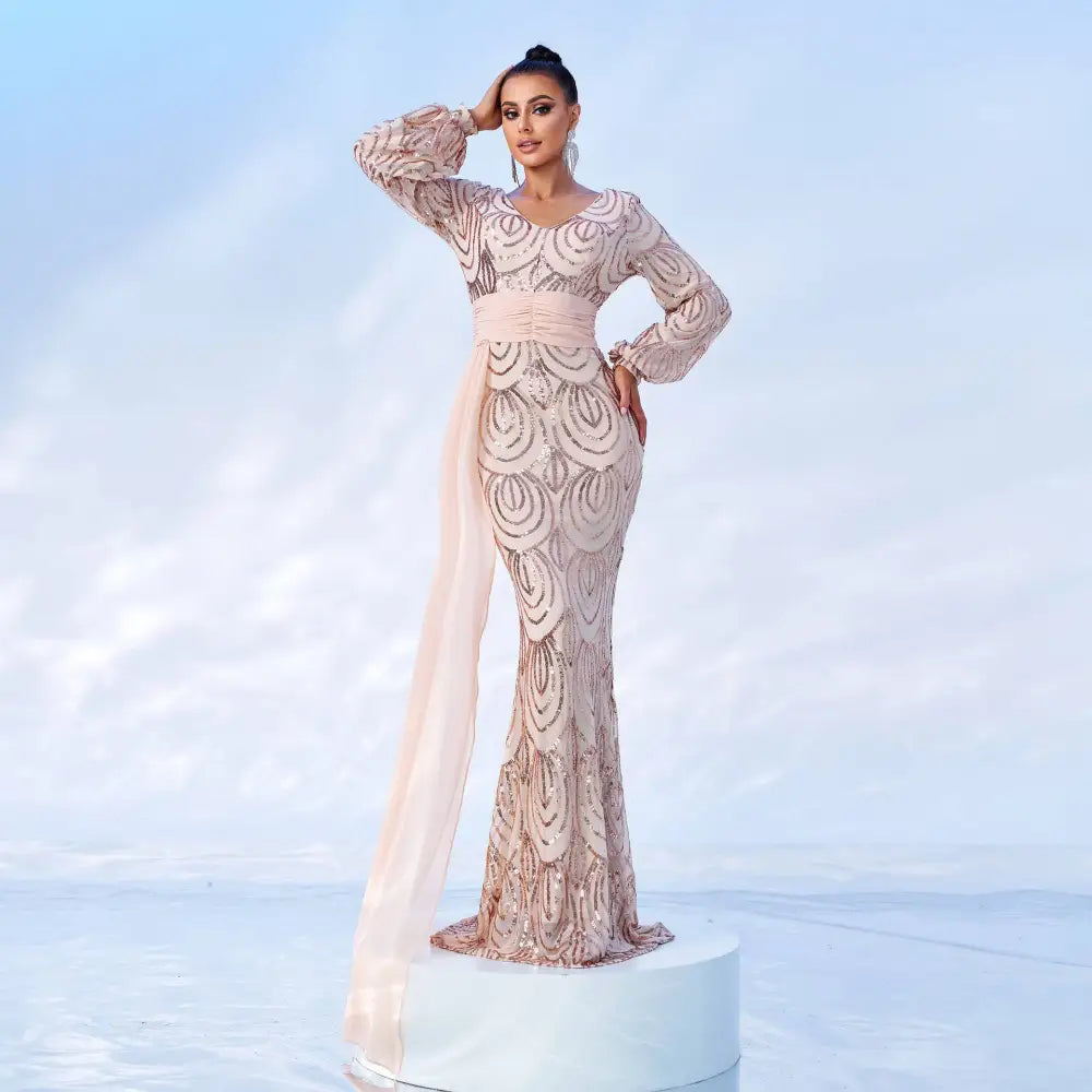 Mint Green Long Sleeve Sexy Sequined Evening Dress