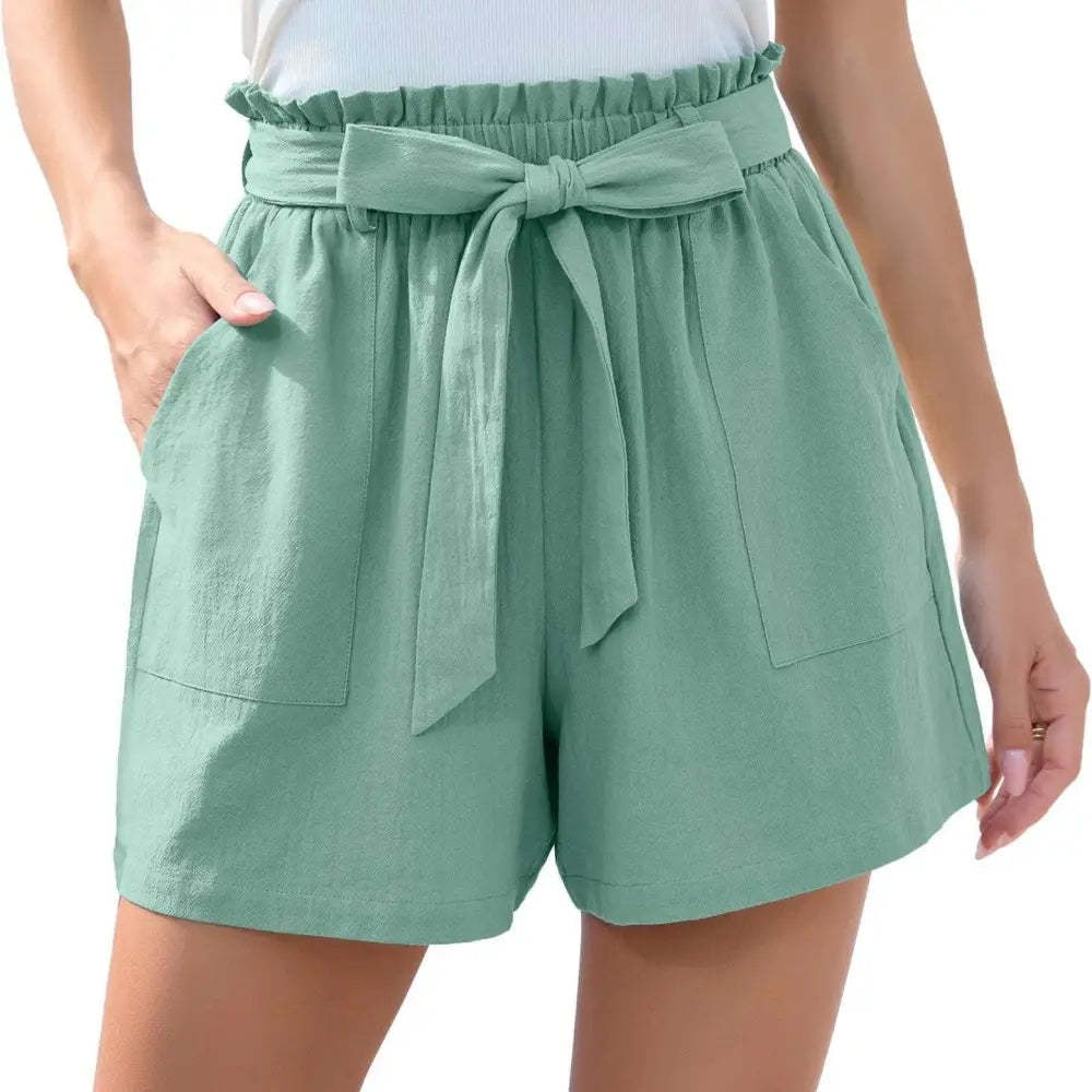 Mint Green Ruffle Bow Waist Tie Shorts with Pockets