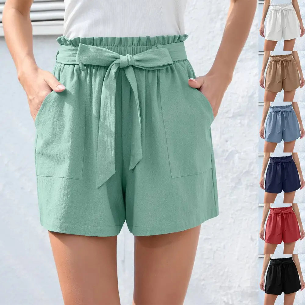 Mint Green Ruffle Bow Waist Tie Shorts with Pockets