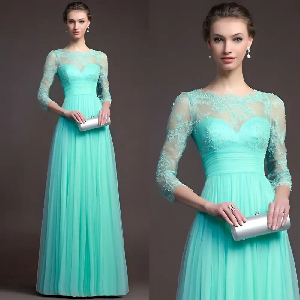 Mint Green Three-Quarter Long Sleeve Lace Gown