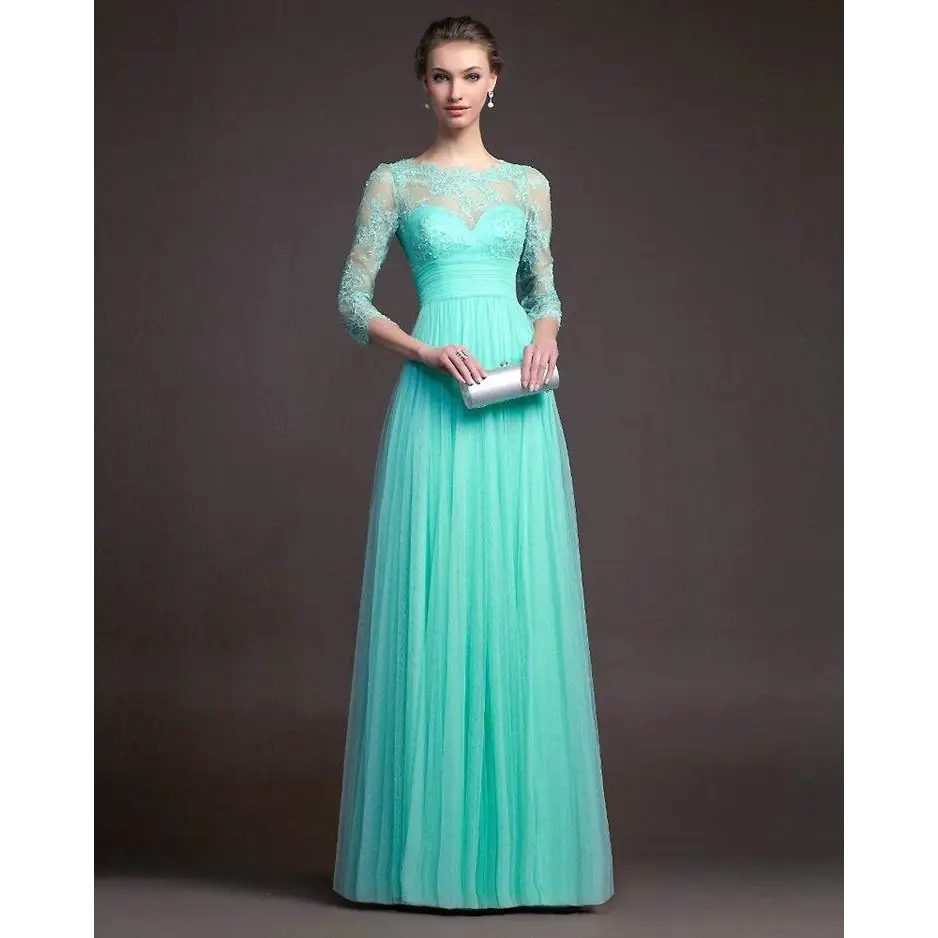 Mint Green Three-Quarter Long Sleeve Lace Gown