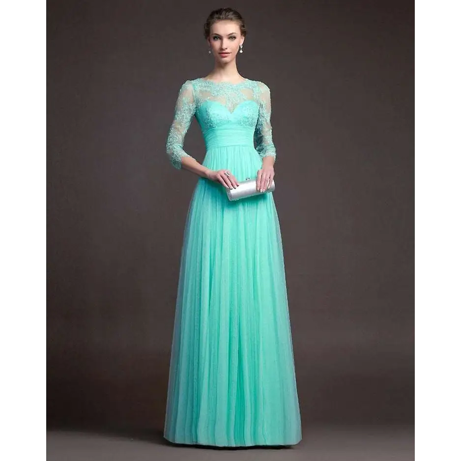 Mint Green Three-Quarter Long Sleeve Lace Gown