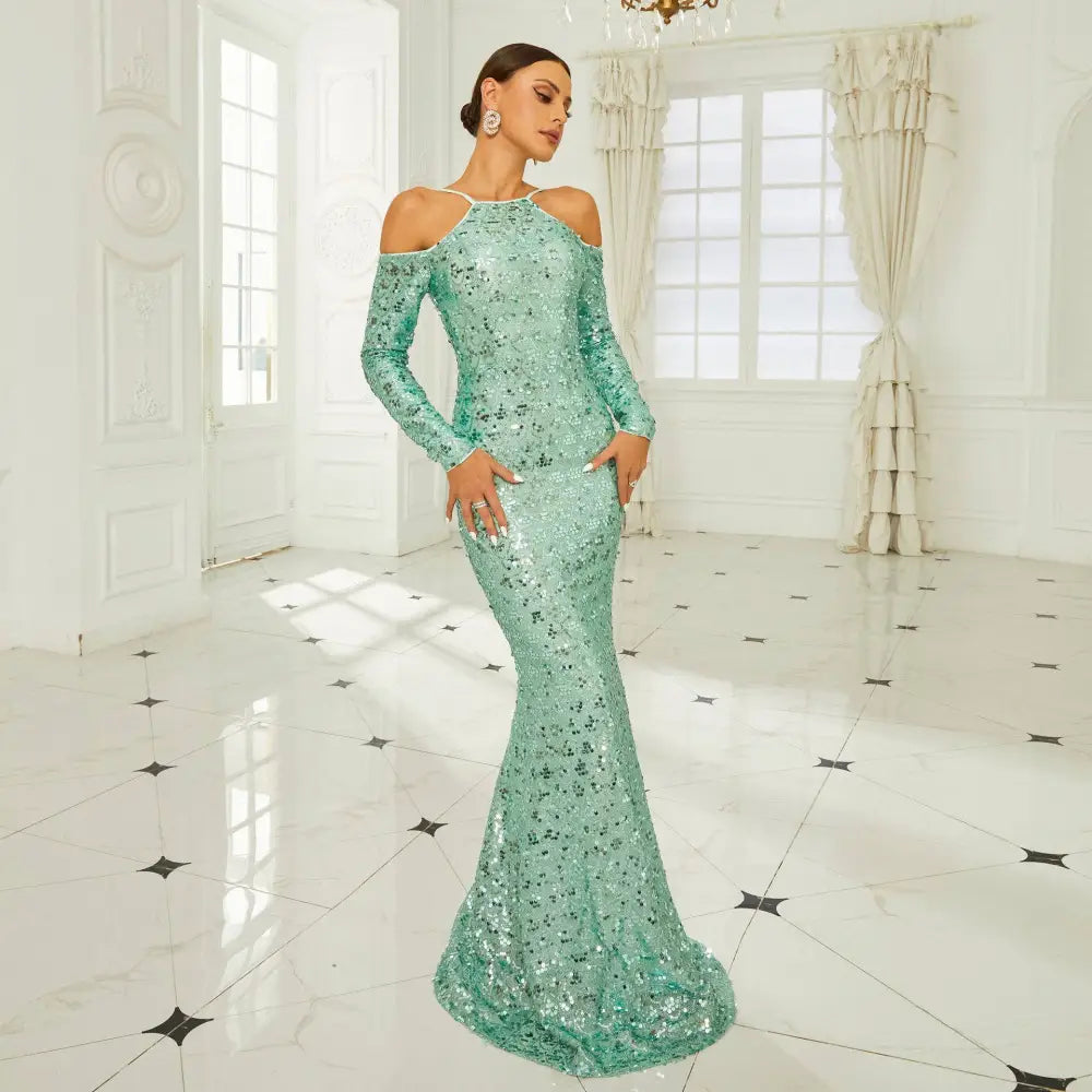 Mint Long Sleeve Sequined Sheath Fishtail Dress