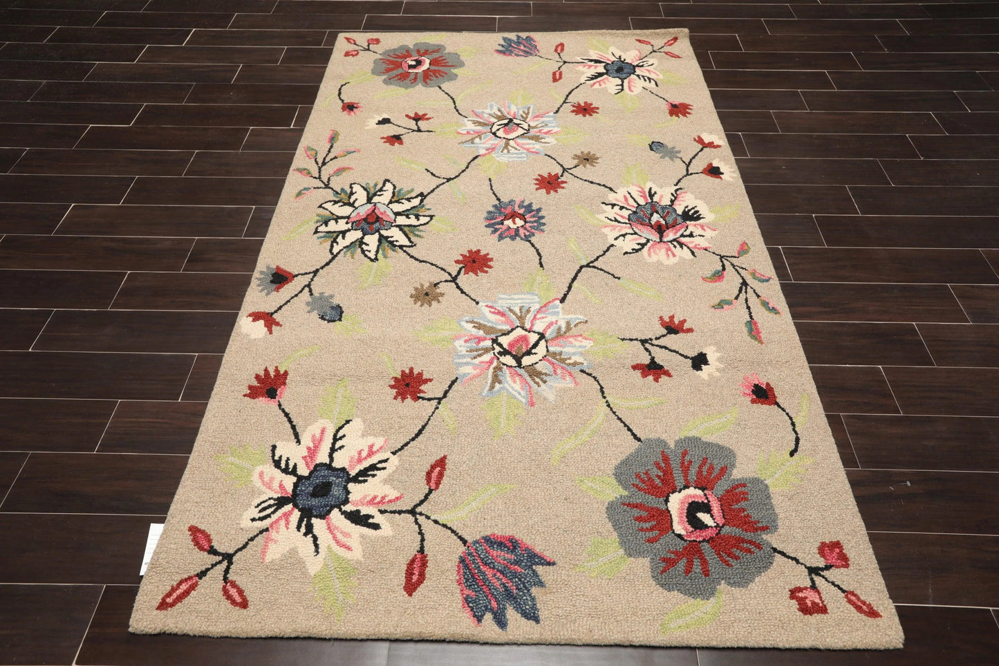 5' x 8' Handmade Wool Loop Pile Floral Traditional Oriental Area Rug Taupe-1