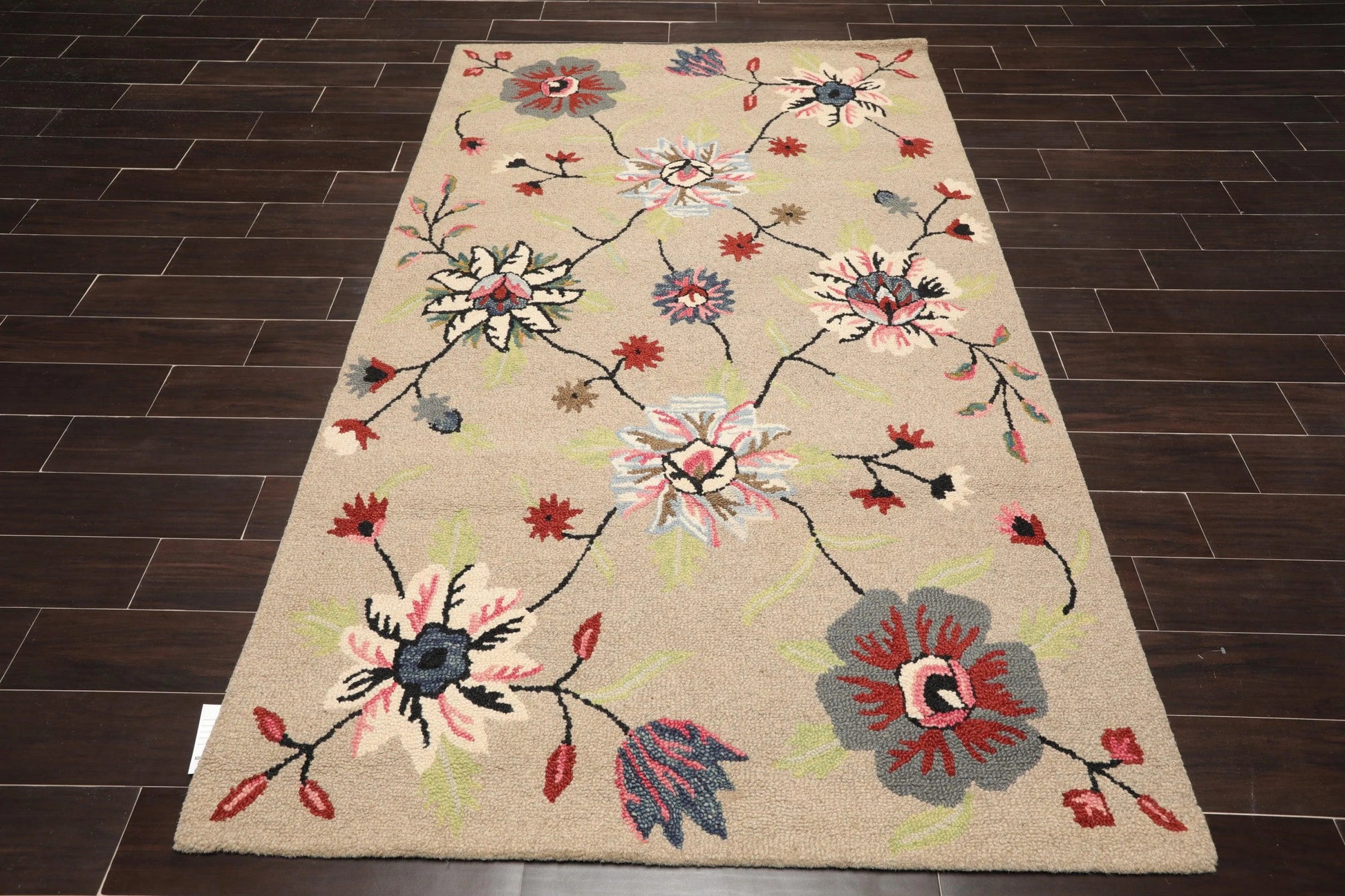 5' x 8' Handmade Wool Loop Pile Floral Traditional Oriental Area Rug Taupe-1