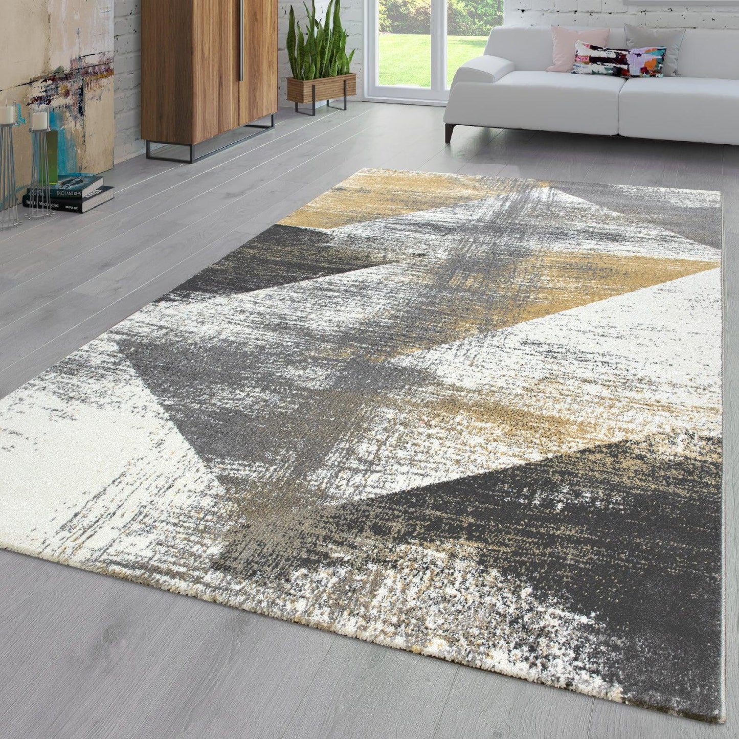 Modern Area Rug Mero Abstract Design - Grey White Yellow-1