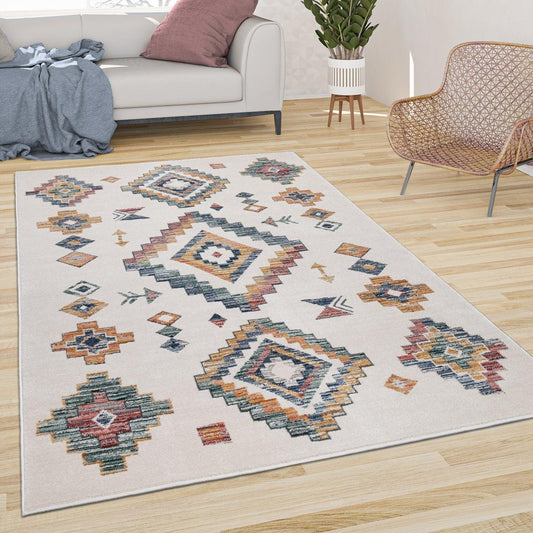 Modern Boho Rug with colorful Diamond Pattern in Cream-0