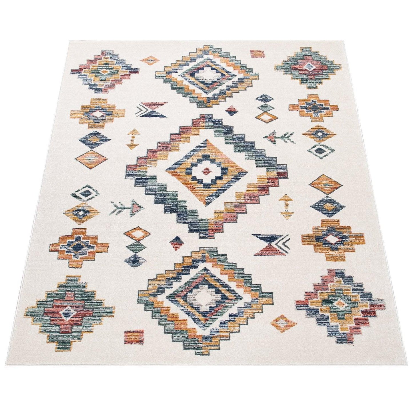 Modern Boho Rug with colorful Diamond Pattern in Cream-3