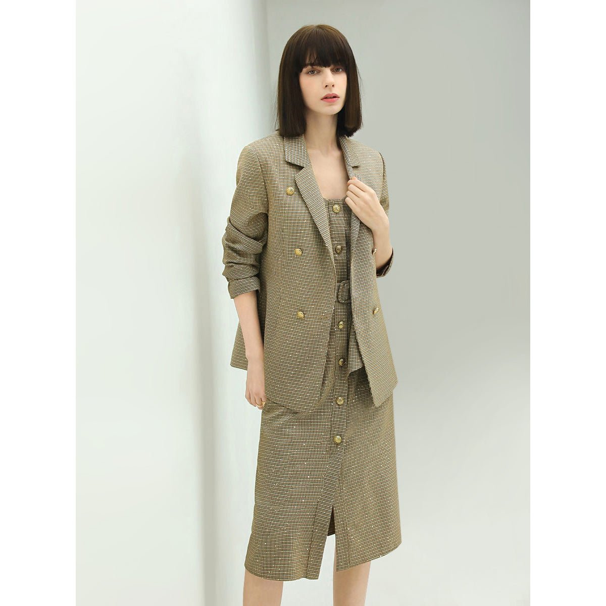 Modern Double Breasted Beige Checkered Blazer-0