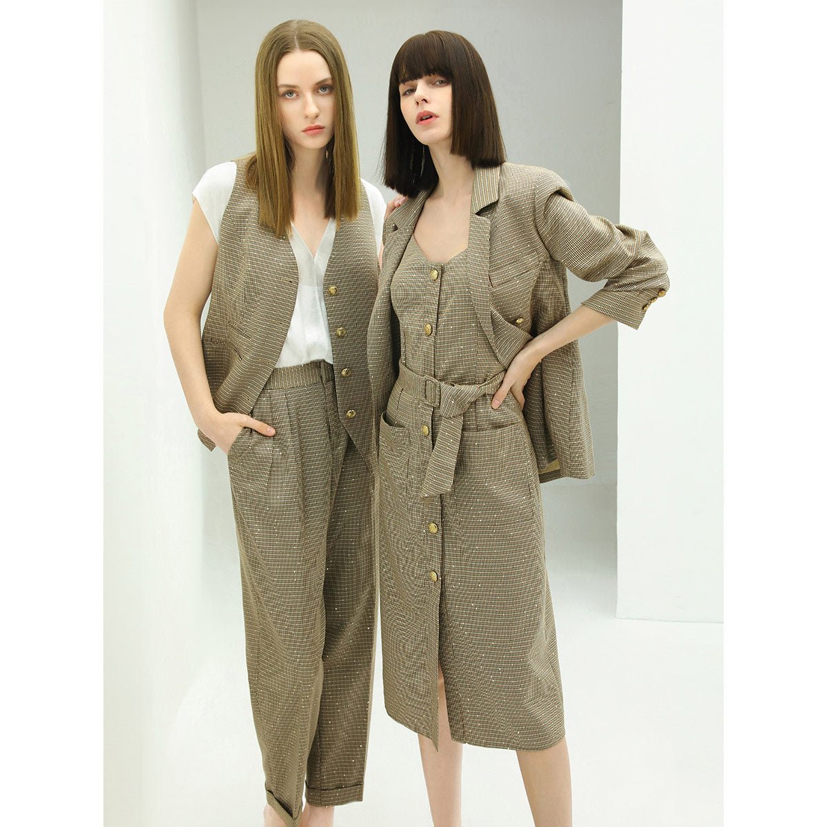 Modern Double Breasted Beige Checkered Blazer-1