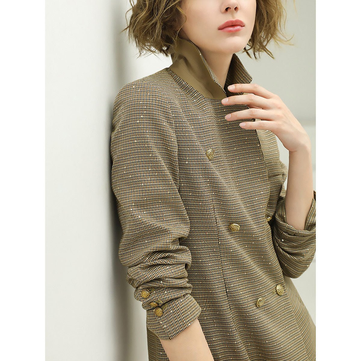 Modern Double Breasted Beige Checkered Blazer-2