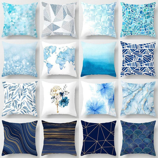 Modern Simple Blue Geometric Pillow Cover Home Sofa Decorative Blue Sea Texture Cotton Linen Cushion Home Decorative Pillow Case 45x45cm