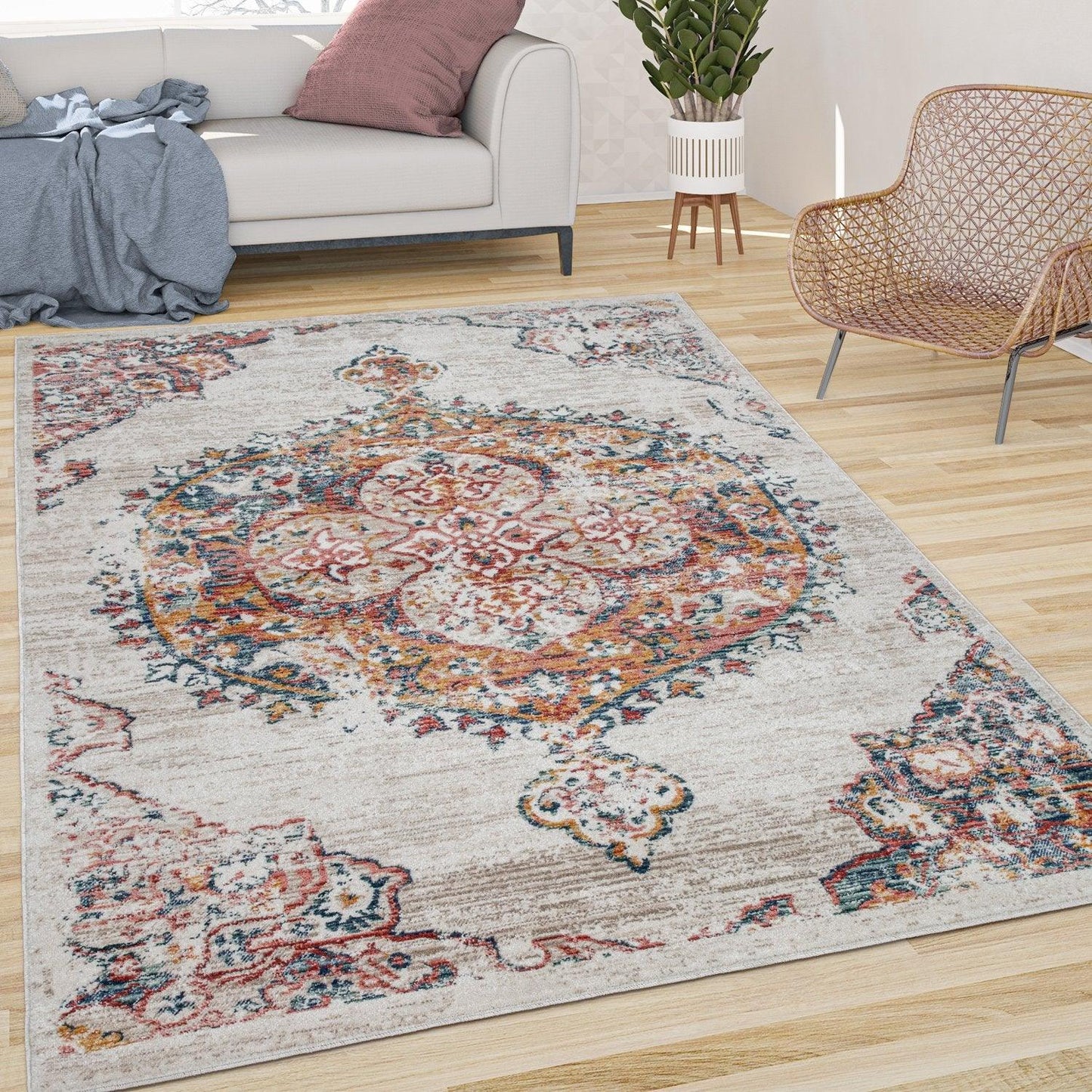 Modern Vintage Rug Oriental Look Abstract Beige Yellow Blue-0