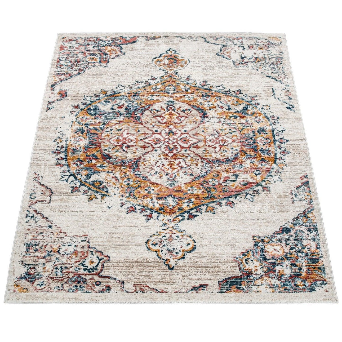 Modern Vintage Rug Oriental Look Abstract Beige Yellow Blue-1