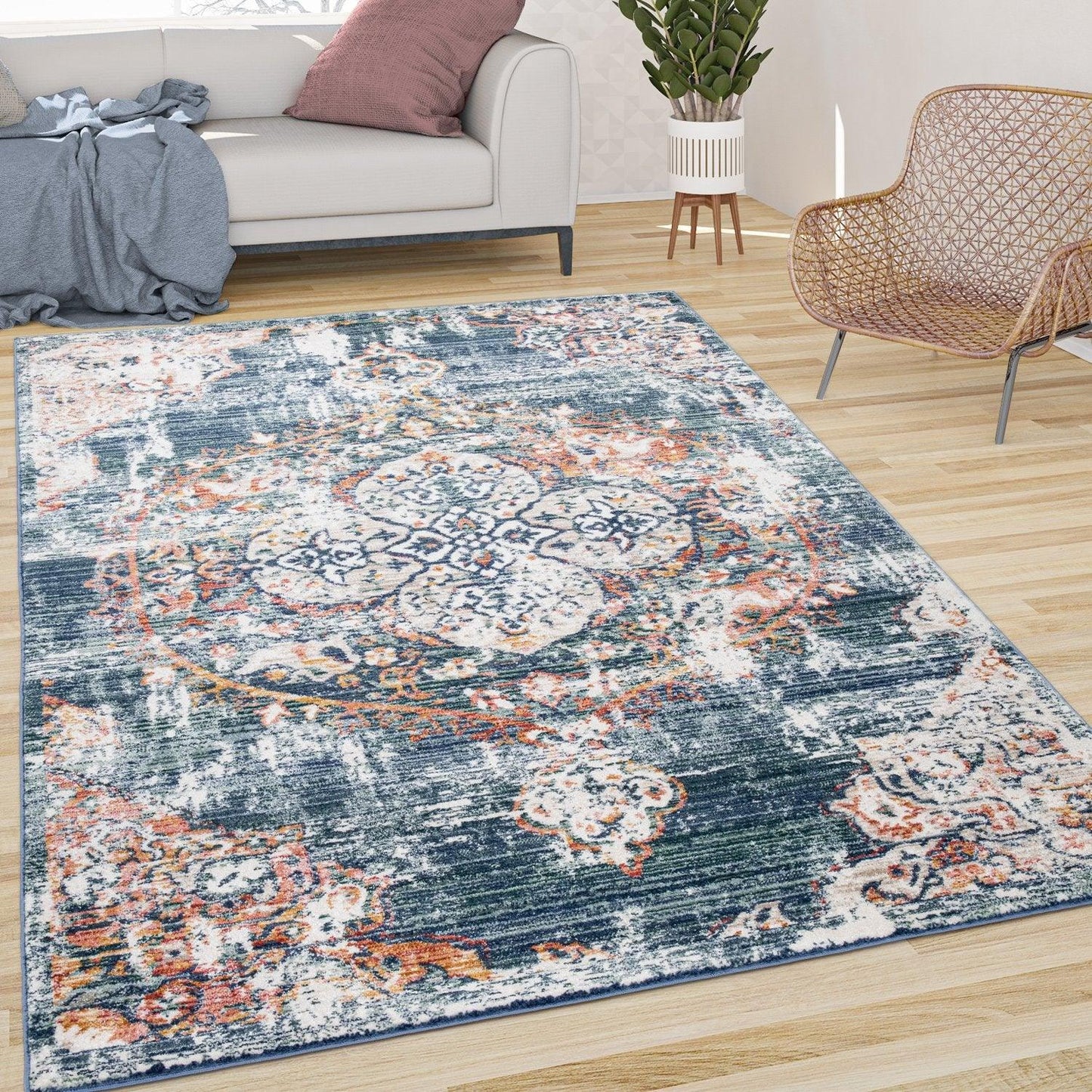 Modern Vintage Rug Oriental Look Abstract Blue Beige Red-0