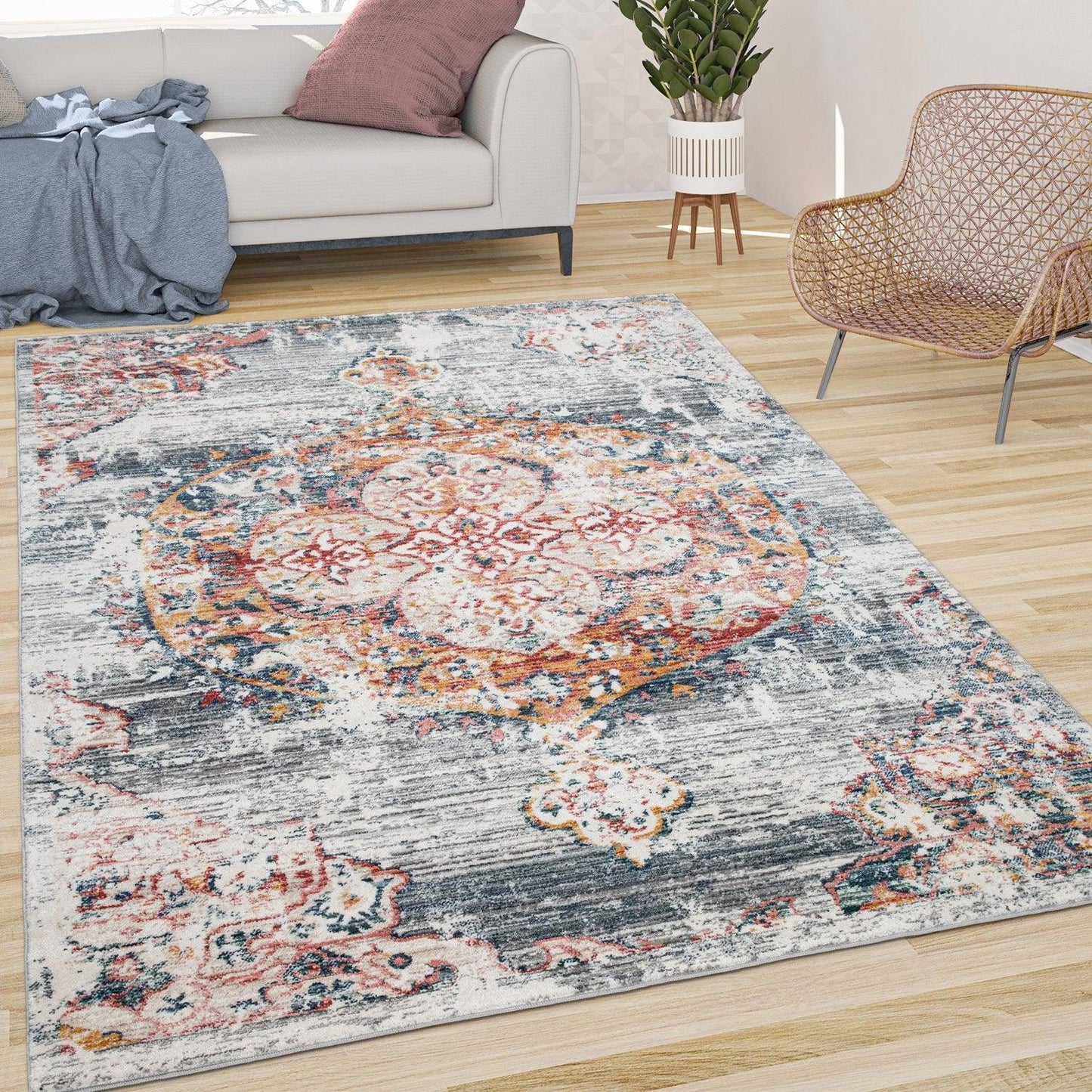 Modern Vintage Rug Oriental Look Abstract Grey Red White-0
