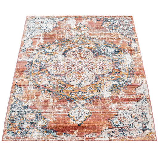 Modern Vintage Rug Oriental Look Abstract Red Blue White-0