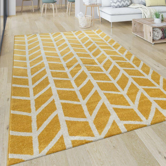 Modern Yellow Area Rug Geometric Chevron Pattern White Stripes-0