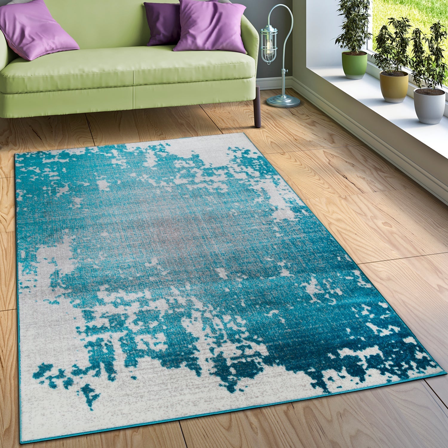 Abstract Area Rug Splash with Used Look in Turquiose Cream-3