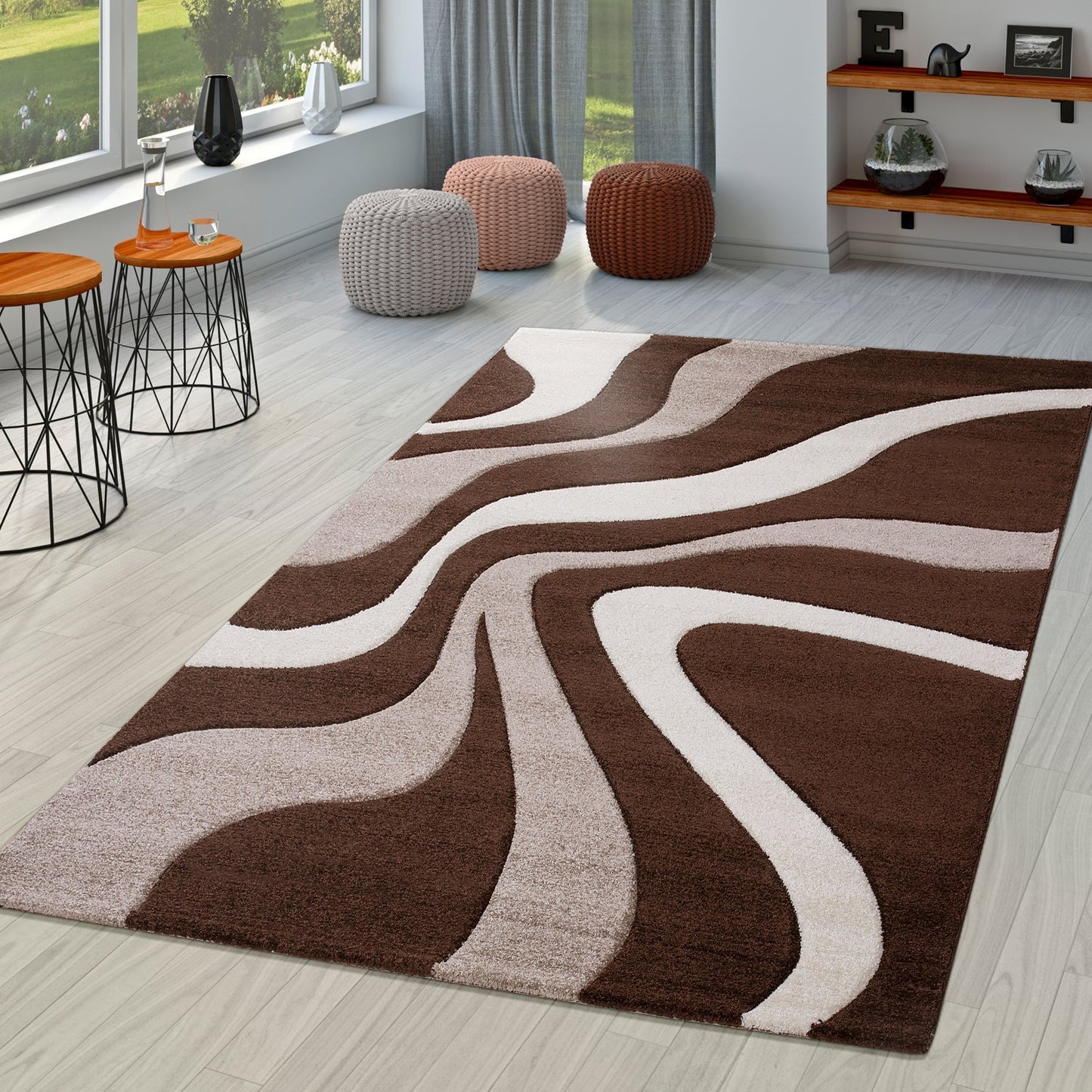 Area Rug Madeira Modern Wave Pattern - Brown Beige-0