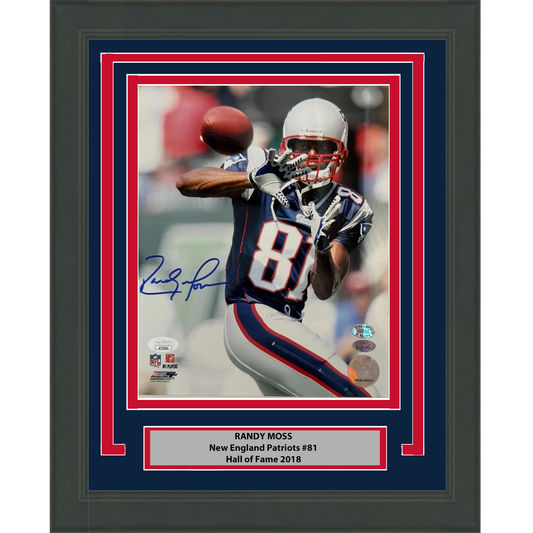 Framed Autographed/Signed Randy Moss New England Patriots 8x10 Football Photo JSA COA