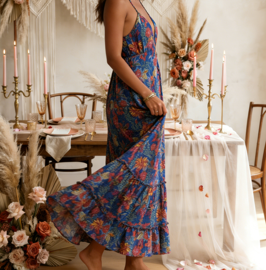 Elegant V-Neck Floral Print Maxi Dress