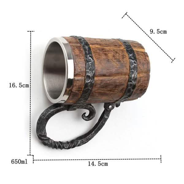 Wooden barrel-shaped mug with metal handle and measurements on a white background