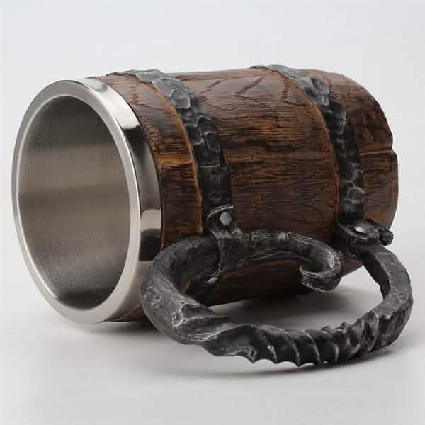 Wooden barrel-shaped object with metal accents on a white background