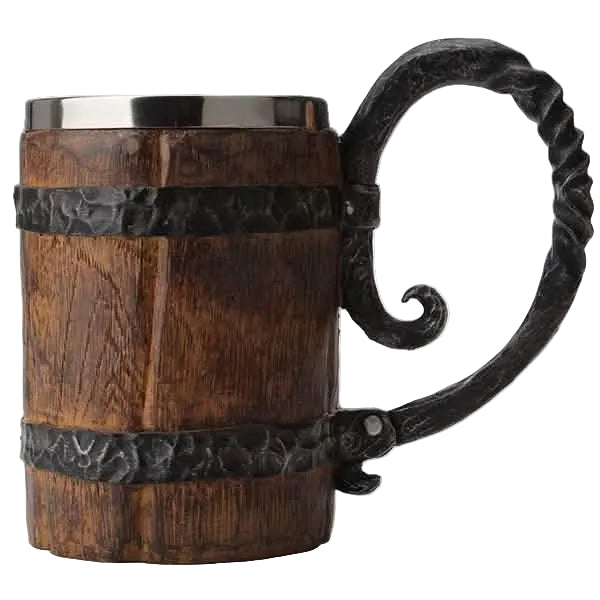Wooden mug with metal handle and banding on a white background