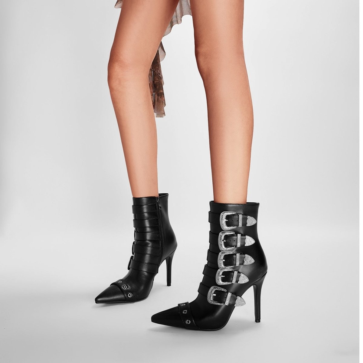 Multi Buckle Strap Black Leather Pointed Ankle Boots-0
