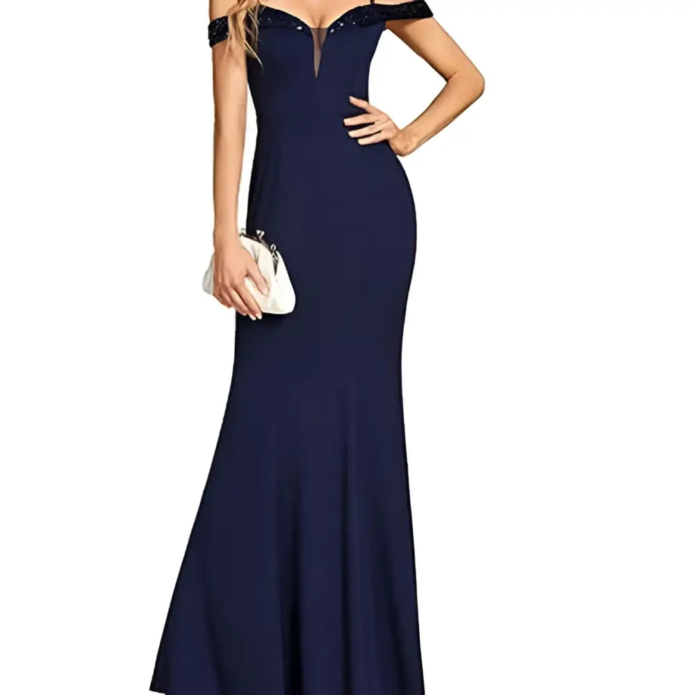 Navy Beaded Sling Evening Long Dress
